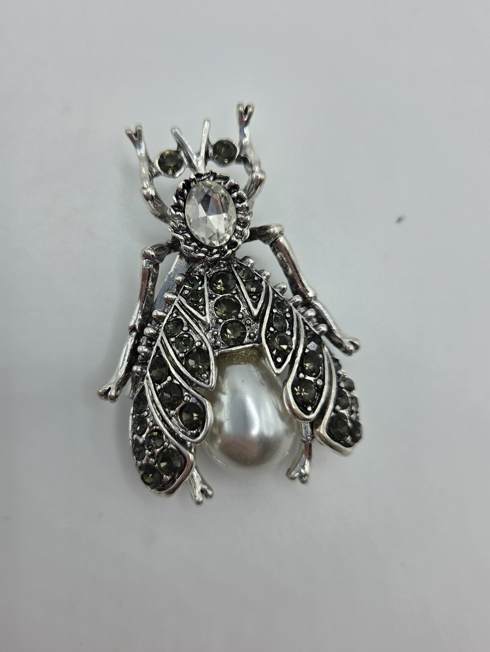 Silver Bee Brooch Faux Pearl Crystal Rhinestone Wings New